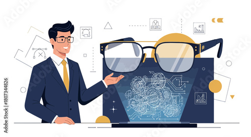 Innovative vision: Businessman presenting advanced mechanical engineering with modern eyewear design