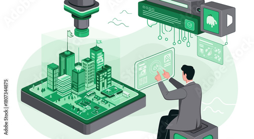 Isometric illustration depicting smart city management and futuristic technologies concept