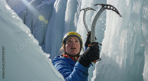 A female ice climber wearing a helmet and blue jacket holds two ice axes while looking up at a sunlit frozen waterfall.
