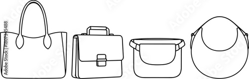 Set of Four Diverse Bag Outlines, Featuring Tote, Briefcase, and Handbag Styles, Detailed Technical Line Art Vector Illustration, Fashion Accessory Design.