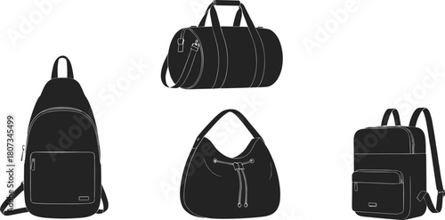 Ultimate Collection of Modern Bag Silhouettes and Technical Line Art, Featuring Duffle, Backpack, Briefcase, and Fashion Handbag Styles, Comprehensive Vector Set.