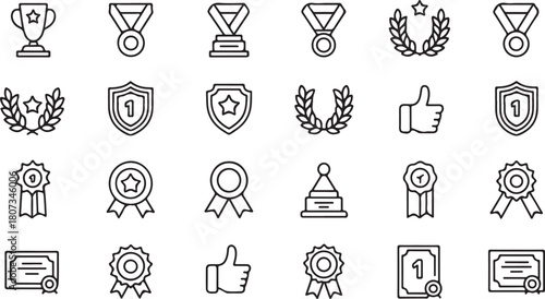 Line drawing shows awards, cups, shields, medals, and laurel wreaths on a white backdrop
