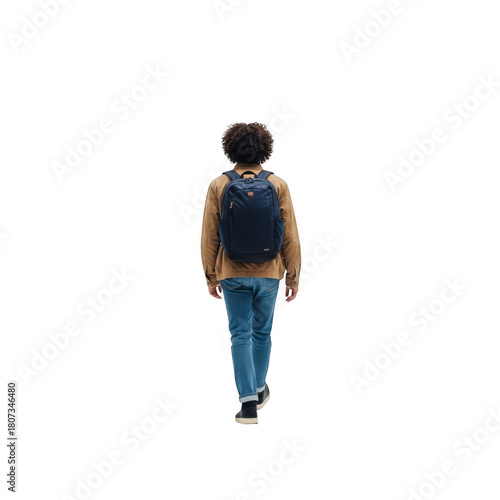 Young man with backpack walking away isolated on transparent background