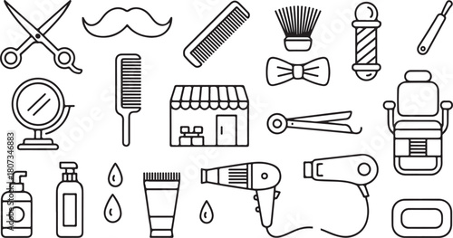Many black outline barber items are organized into rows on a transparent background