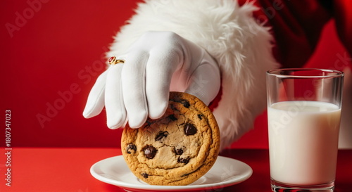 Santa Claus hand in white glove taking chocolate chip cookie from a pile next to a glass of milk on red background. Traditional Christmas treat set for Santa Claus on Christmas Eve.