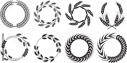 Eight black silhouette circular wreaths and frames made of wheat stalks and leaves Keywords: wreath, frame, circle, wheat, grain, laurel, leaves, border, design element, silhouette, black and