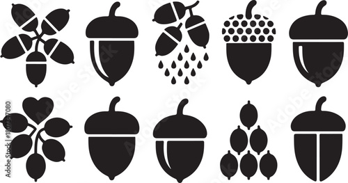 Collection of Black Silhouette Acorn Icons and Heart Shaped Acorn Cluster Keywords: acorn, nut, oak, tree, nature, autumn, fall, harvest, food, silhouette, black and white, icon, vector, graphic