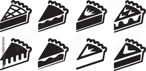 Variety of Black Silhouette Slices of Pie with Different Toppings and Crusts Keywords: pie, slice, dessert, food, sweet, pastry, baking, thanksgiving, holiday, silhouette, black and white, icon