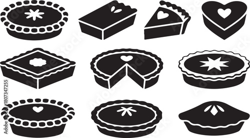 Assortment of nine black silhouette icons representing various baked pies cakes and pastries Keywords: pie, cake, pastry, dessert, sweet, baking, food, icon, silhouette, black and white, round pie