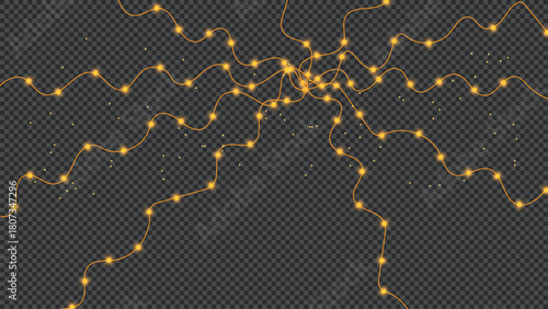 Golden string lights, festive glow, interconnected, transparent.