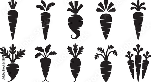 Variety of Black Silhouette Carrot Icons with Different Styles and Leaf Tops Keywords: carrot, vegetable, root vegetable, food, produce, silhouette, black and white, icon, vector, graphic