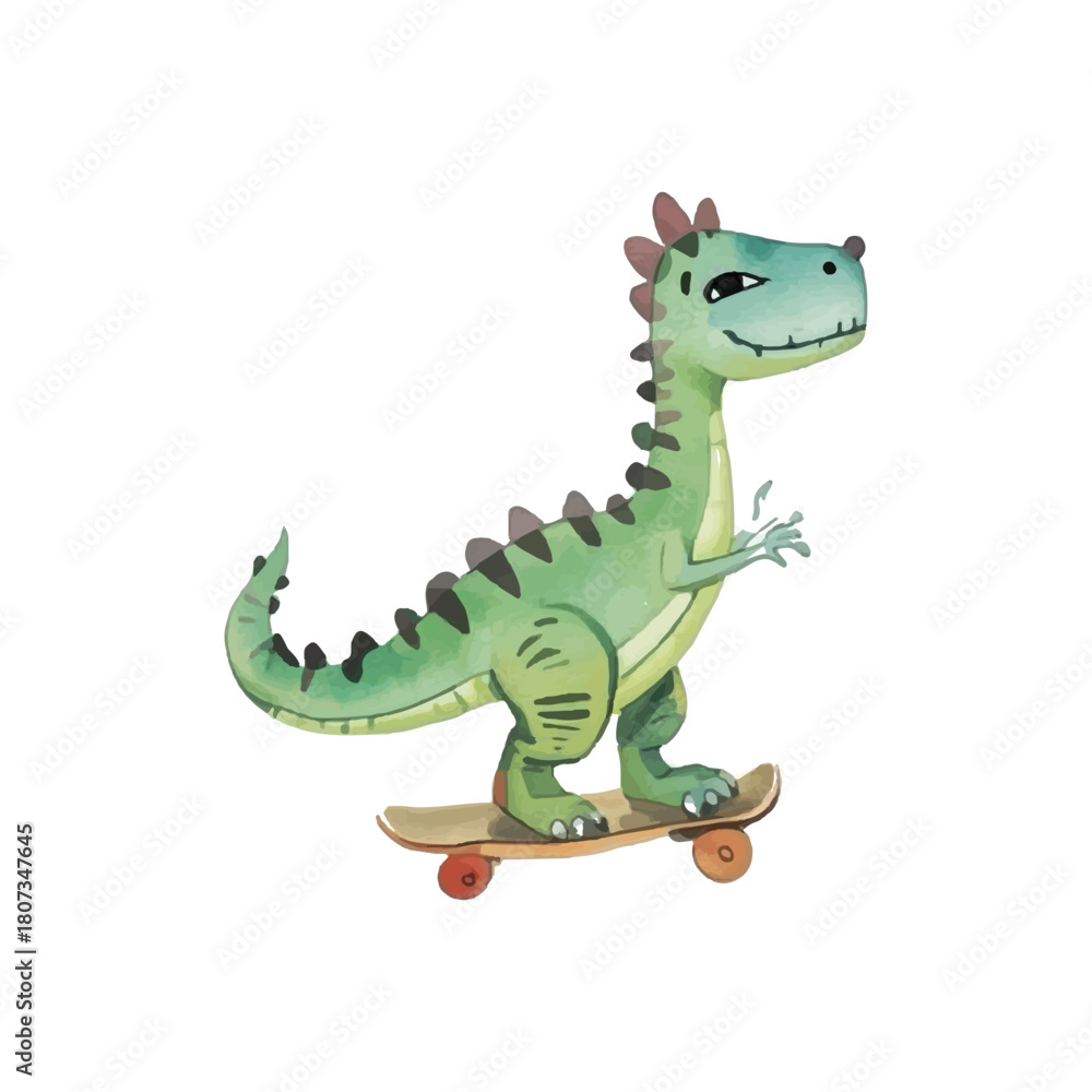 Fototapeta premium Cute green dinosaur riding a skateboard, illustration for children's books and designs