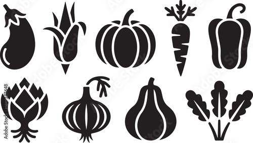 Assorted Black Silhouette Vegetable Icons Including Eggplant Pumpkin and Carrot Keywords: vegetable, food, produce, eggplant, corn, pumpkin, carrot, bell pepper, artichoke, onion, squash, greens