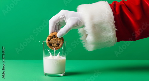 Santa Claus in a red glove dips a chocolate chip cookie into a glass of milk against a green background to create a digital chroma key effect, Christmas, holiday, family celebration.