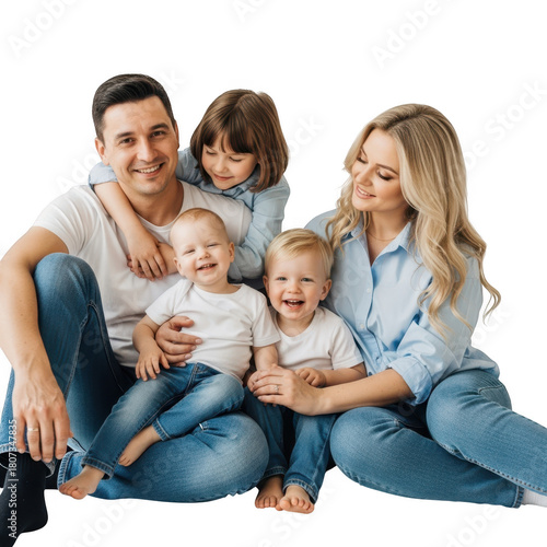 Happy family with two young children isolated on transparent background