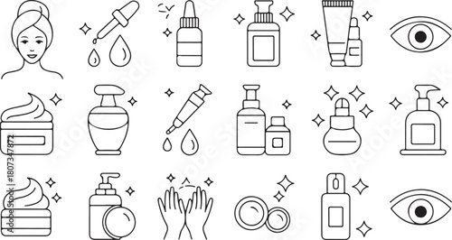 Minimalist outline art displays skincare products with various bottles, creams, and hands on a transparent background