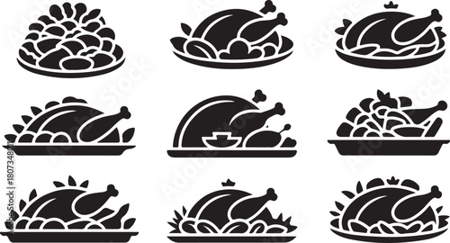 Set of nine black silhouette icons of roasted whole chickens and platters of chicken pieces Keywords: chicken, roasted chicken, whole chicken, chicken platter, food, meal, dinner, holiday