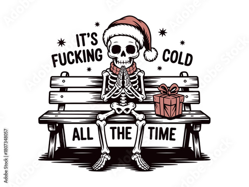 A skeleton wearing a Santa hat and scarf sits on a bench with a gift, stating it is freezing.