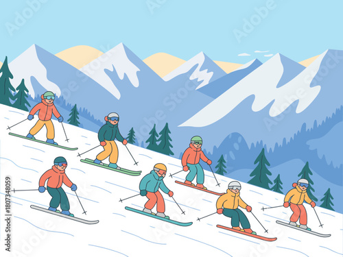A group of skiers descend a snowy mountain slope with trees and snow-capped peaks in the background.