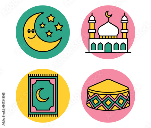 Four circular icons represent Islamic cultural elements: a smiling moon and stars, a mosque, a prayer rug, and a kufi hat.