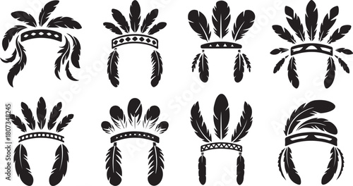 Set of Native American Feather Headdress Icons in Black and White Silhouette indian tribal