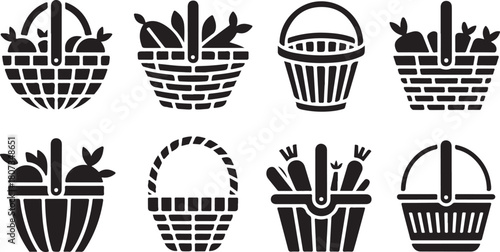 Assortment of Woven Picnic and Harvest Baskets Filled with Fruits and Vegetables food
