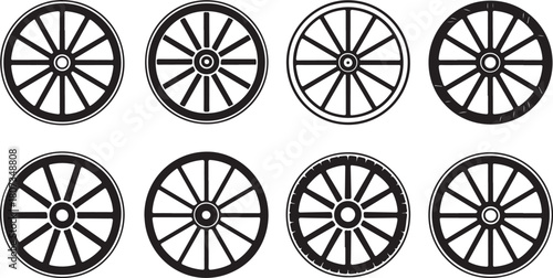 Set of Black Silhouette Wagon Wheels with Different Spoke and Rim Designs Keywords: wagon wheel, transportation, vintage, retro, historical, western, carriage, cart, silhouette, black and white