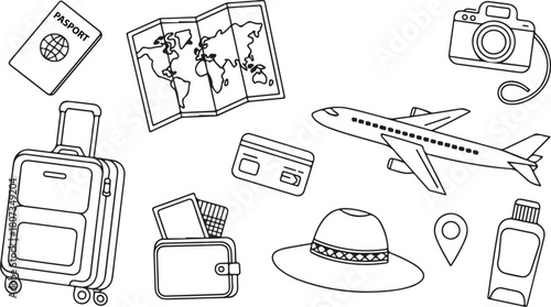 Passport, suitcase, and airplane suggest an exciting journey, displayed with travel essentials in black lines, isolated
