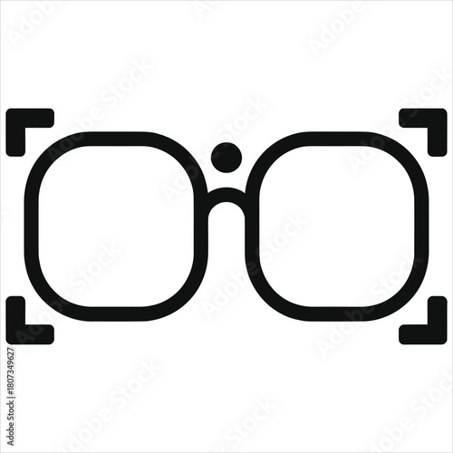 Minimalist camera focus viewfinder frame with eyeglasses icon, vision and eyesight precision symbol, face recognition targeting, optical zoom, photography interface, black line art on white background