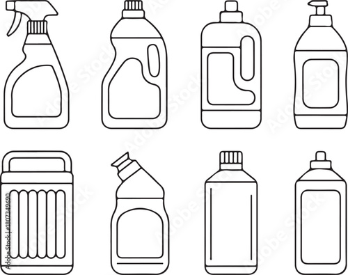 Row of eight black outlined bottles and containers presents cleaning supply options in simple form