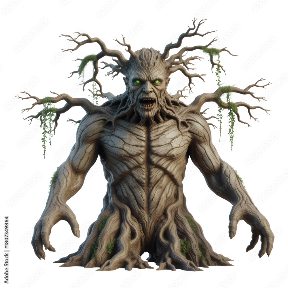Fototapeta premium Terrifying tree monster with glowing green eyes and gnarled bark on transparent background black