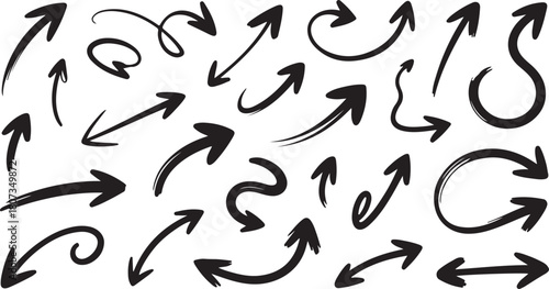 set showcases diverse handdrawn arrows in bold black strokes, isolated on a transparent background