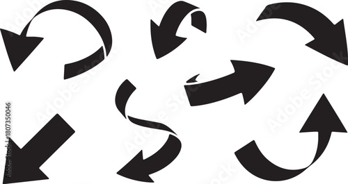 Seven distinct black arrows curve and point in diverse directions against a white background