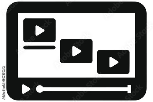 Minimalist video editing timeline icon, black silhouette user interface panel, play button tiles, digital media post production software symbol, modern audiovisual workflow design on white background.