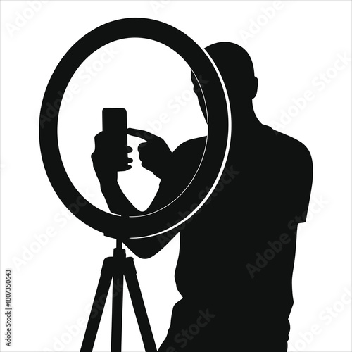 Silhouette of Influencer Filming Vlog Content with Ring Light Setup on Tripod - Modern Social Media Creator Recording Video on Smartphone in Studio, Digital Content Creation Shadow Illustration 