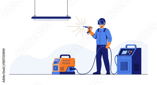 Flat vector illustration of a professional welder at work in an industrial setting inside a workshop