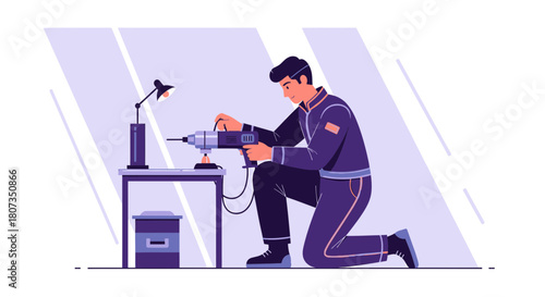 Focused repairman skillfully using a drill on a workspace with a lamp and trash can  for creation