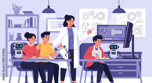 Future classroom showcasing collaborative robotics education with students and instructor