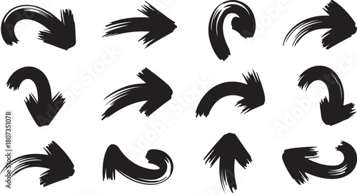 Twelve black arrows styled with brush strokes show different directions on a white background