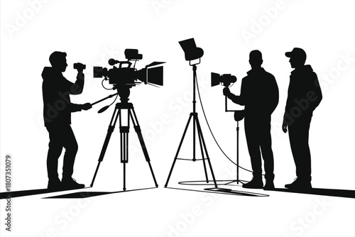 Professional media production studio setup with cameramen, lighting equipment, and film crew silhouettes working together in a creative environment for video shooting, filmmaking, broadcasting, and TV