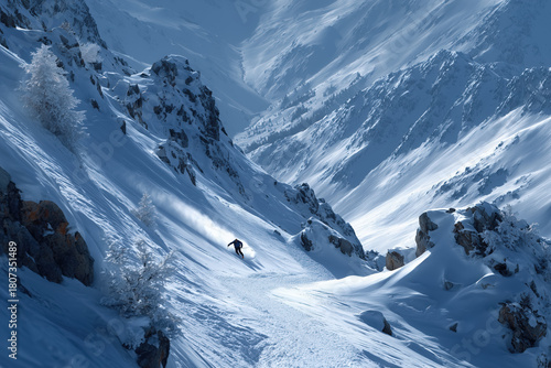 Solitary skier descending pristine mountain slope amid rugged snow-covered peaks
