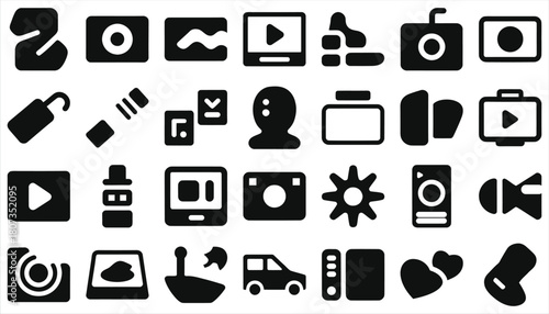 Black and White Photography & Videography Vector Icon Set: Camera Gear, Video Player, Drone, Action Cam, Lens, Flash, Photo Editing Tools for UI, Web, Mobile App & Graphic Design