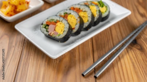 Korean Gimbap Served on White Plate with Side Dishes and Chopsticks