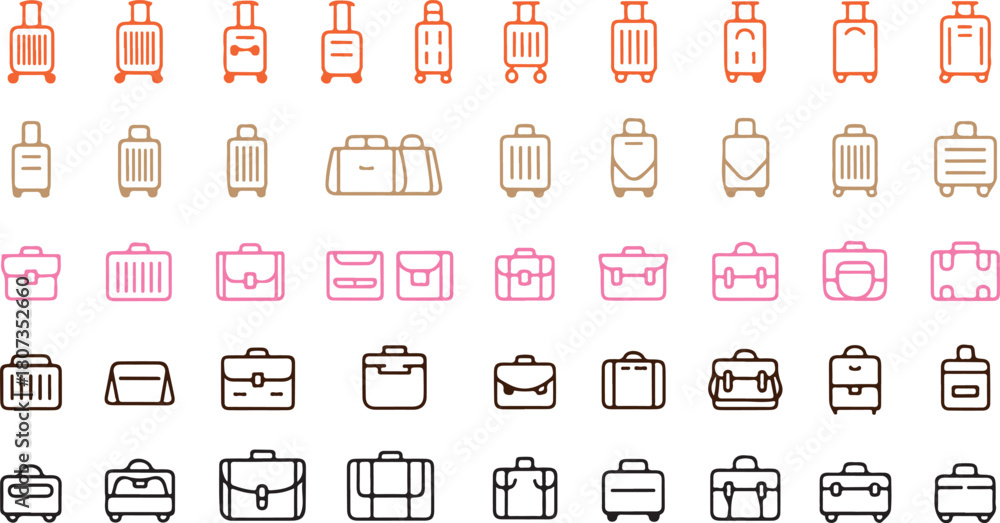 Fototapeta premium Varied luggage icons in orange, beige, pink, and brown evoke travel and journey planning