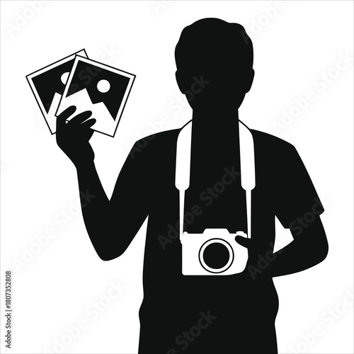 Silhouette photographer holding photo prints with camera around neck, black and white vector illustration, photography portfolio concept, photo print service, creative hobby design background template