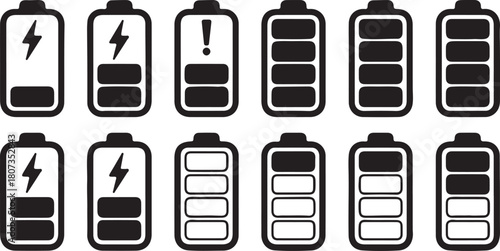 Various black battery icons show different charge levels on a white background illustrating power consumption