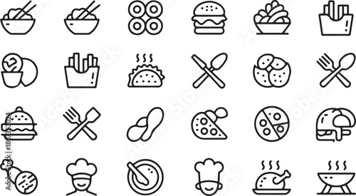 Various culinary icons showcase diverse dishes and utensils in a simple, elegant outlined style on transparent background