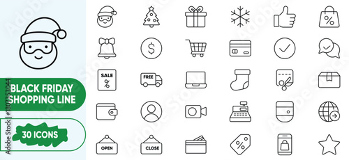 Black Friday Shopping Line Icon Set. Includes Sale, Discount, Gift, E-Commerce, Retail, Coupon, Cart, Shipping, Marketing, and Online Store Icons.