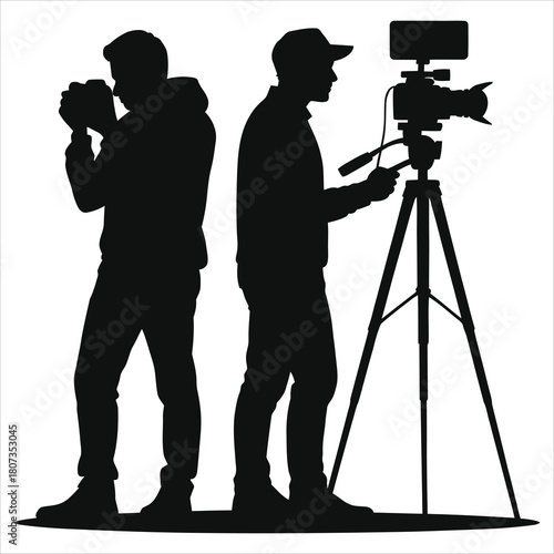 Photographer and Videographer Silhouettes: Professional Cameraman operating a Video Camera on Tripod and Man Taking Photos with DSLR, Black Vector Illustration Isolated on White.
