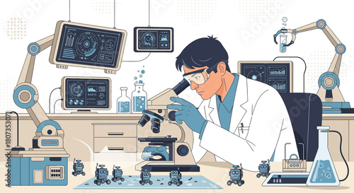 Futuristic Laboratory Environment with Scientist Robotic Assistants and Advanced Technology